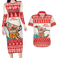 Mele Kalikimaka Hawaii Couples Matching Long Sleeve Bodycon Dress and Hawaiian Shirt Water-skiing Santa Tropical Vibes LT14 Red - Polynesian Pride
