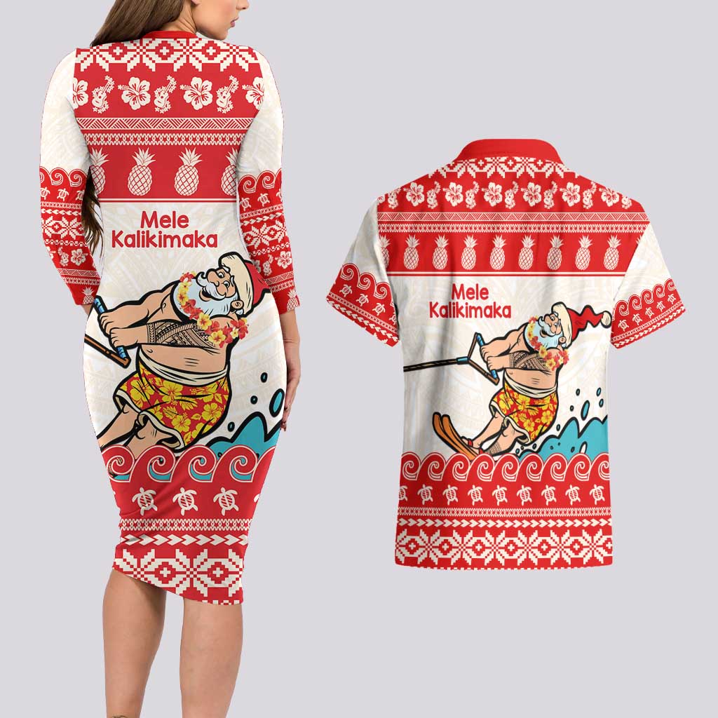 Mele Kalikimaka Hawaii Couples Matching Long Sleeve Bodycon Dress and Hawaiian Shirt Water-skiing Santa Tropical Vibes LT14 - Polynesian Pride