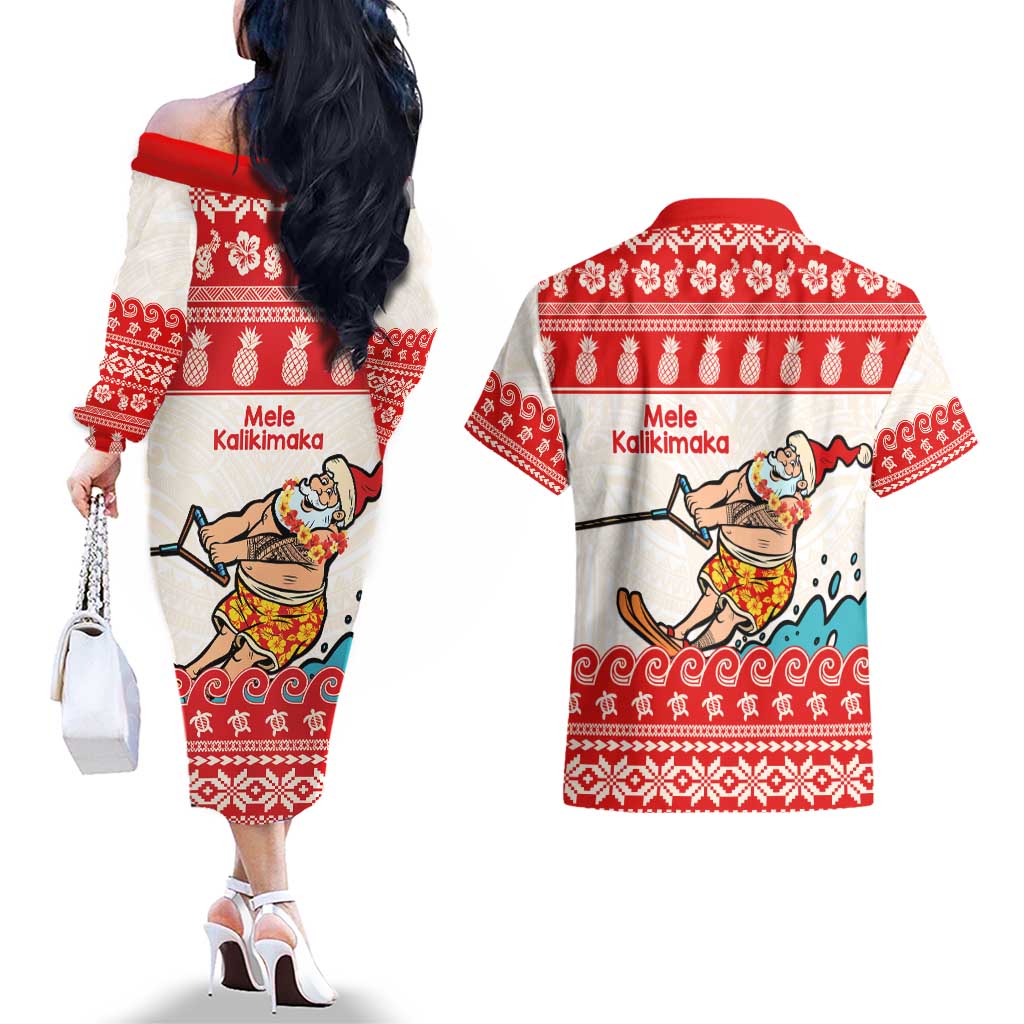 Mele Kalikimaka Hawaii Couples Matching Off The Shoulder Long Sleeve Dress and Hawaiian Shirt Water-skiing Santa Tropical Vibes LT14 - Polynesian Pride