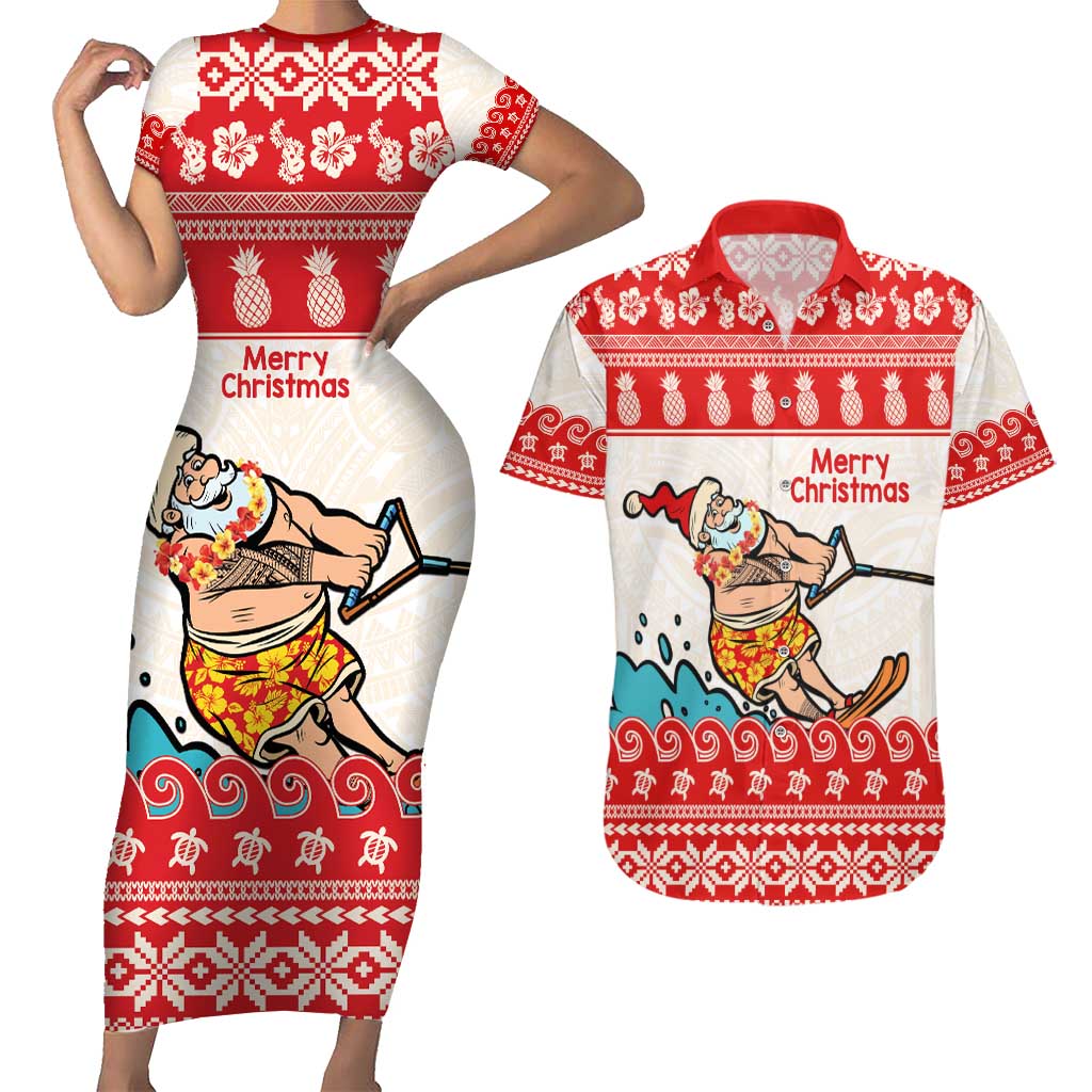 Mele Kalikimaka Hawaii Couples Matching Short Sleeve Bodycon Dress and Hawaiian Shirt Water-skiing Santa Tropical Vibes LT14 Red - Polynesian Pride