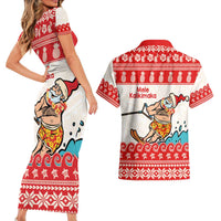 Mele Kalikimaka Hawaii Couples Matching Short Sleeve Bodycon Dress and Hawaiian Shirt Water-skiing Santa Tropical Vibes LT14 - Polynesian Pride