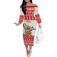 Mele Kalikimaka Hawaii Family Matching Off The Shoulder Long Sleeve Dress and Hawaiian Shirt Water-skiing Santa Tropical Vibes LT14 Mom's Dress Red - Polynesian Pride