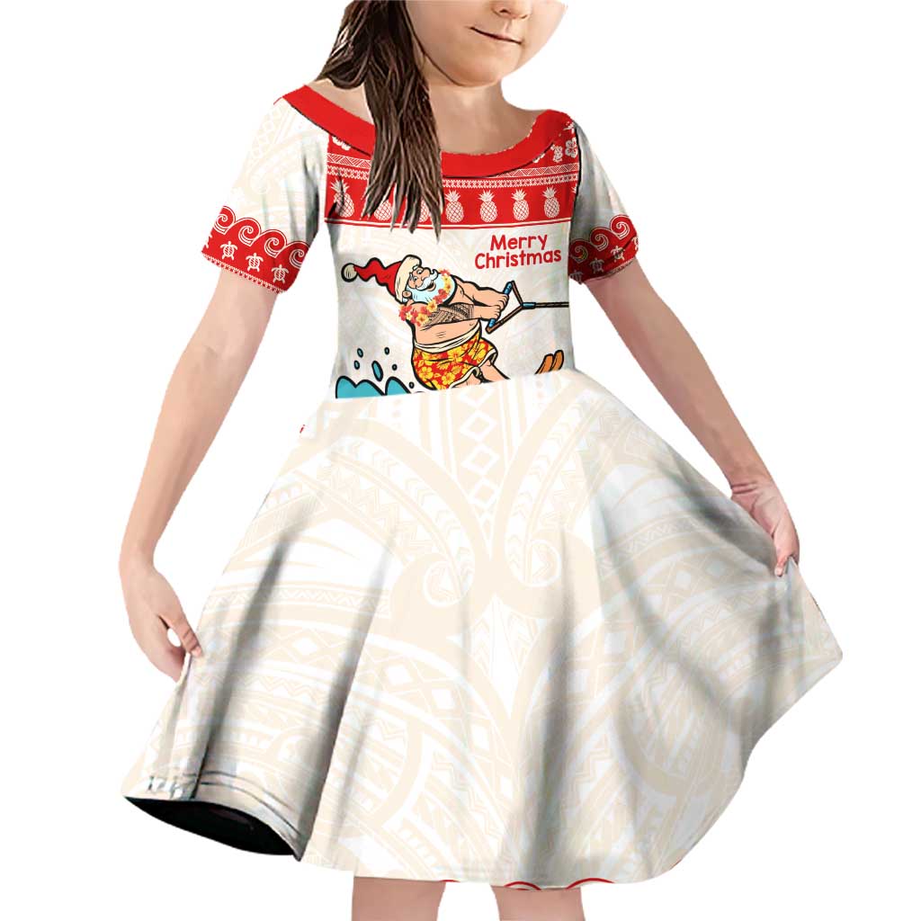 Mele Kalikimaka Hawaii Family Matching Off Shoulder Short Dress and Hawaiian Shirt Water-skiing Santa Tropical Vibes LT14 Daughter's Dress Red - Polynesian Pride
