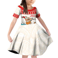 Mele Kalikimaka Hawaii Family Matching Off Shoulder Short Dress and Hawaiian Shirt Water-skiing Santa Tropical Vibes LT14 Daughter's Dress Red - Polynesian Pride