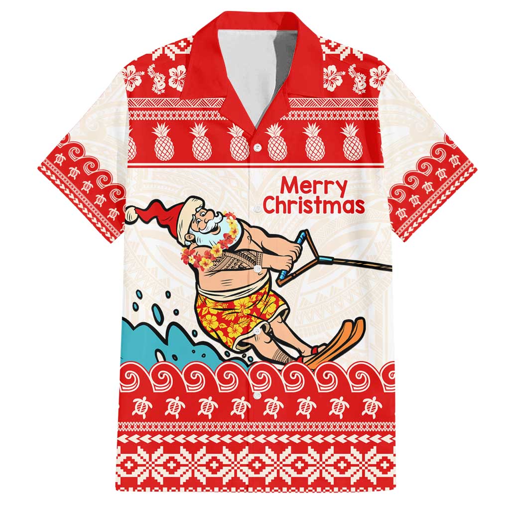Mele Kalikimaka Hawaii Family Matching Off Shoulder Short Dress and Hawaiian Shirt Water-skiing Santa Tropical Vibes LT14 Dad's Shirt - Short Sleeve Red - Polynesian Pride