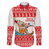 Mele Kalikimaka Hawaii Family Matching Off Shoulder Short Dress and Hawaiian Shirt Water-skiing Santa Tropical Vibes LT14 Dad's Shirt - Long Sleeve Red - Polynesian Pride