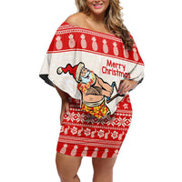 Mele Kalikimaka Hawaii Family Matching Off Shoulder Short Dress and Hawaiian Shirt Water-skiing Santa Tropical Vibes LT14 Mom's Dress Red - Polynesian Pride