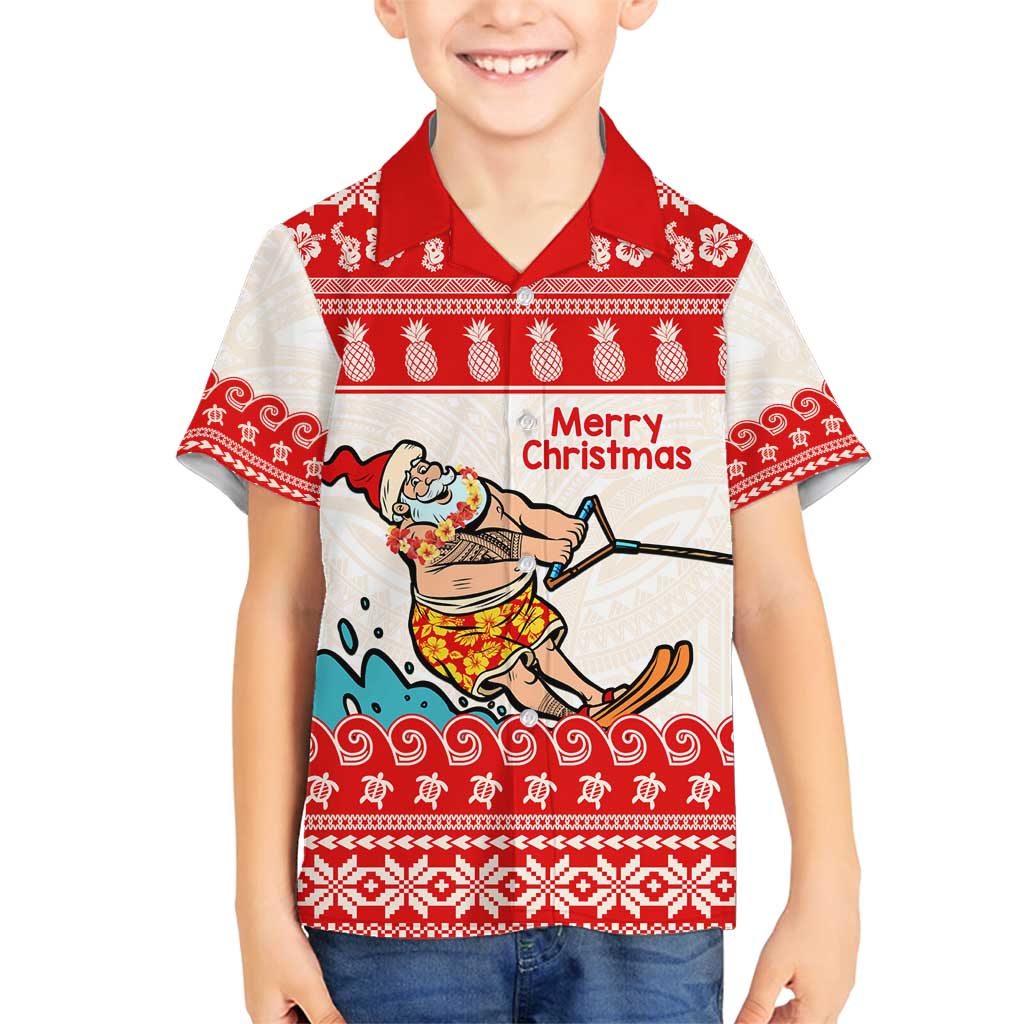 Mele Kalikimaka Hawaii Family Matching Off Shoulder Short Dress and Hawaiian Shirt Water-skiing Santa Tropical Vibes LT14 Son's Shirt Red - Polynesian Pride