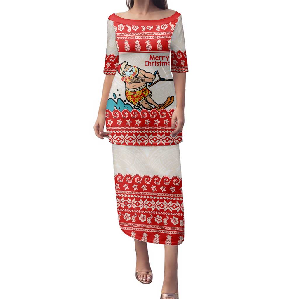 Mele Kalikimaka Hawaii Family Matching Puletasi and Hawaiian Shirt Water-skiing Santa Tropical Vibes LT14 Mom's Dress Red - Polynesian Pride