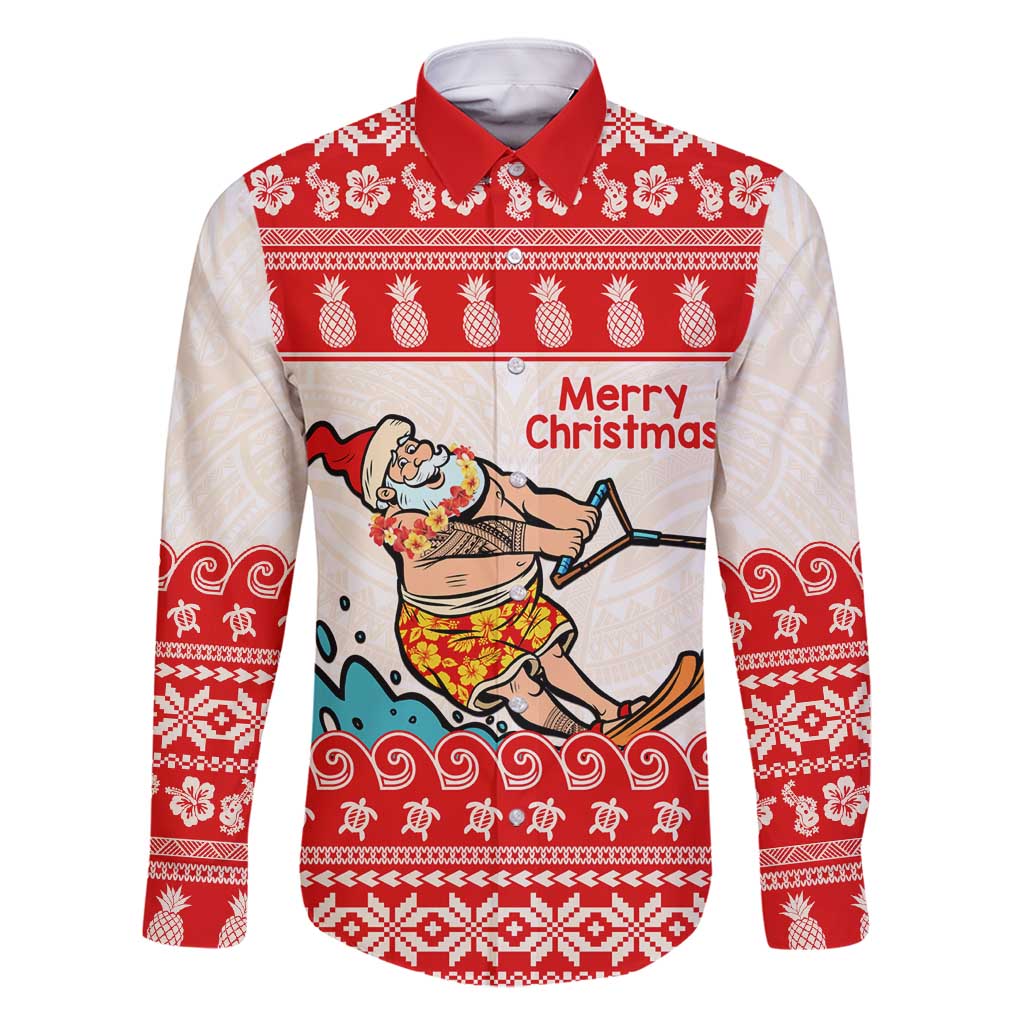 Mele Kalikimaka Hawaii Family Matching Tank Maxi Dress and Hawaiian Shirt Water-skiing Santa Tropical Vibes LT14 Dad's Shirt - Long Sleeve Red - Polynesian Pride
