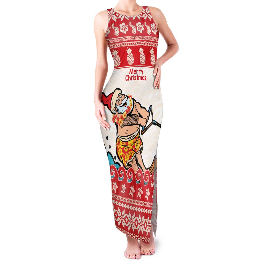 Mele Kalikimaka Hawaii Family Matching Tank Maxi Dress and Hawaiian Shirt Water-skiing Santa Tropical Vibes LT14 Mom's Dress Red - Polynesian Pride