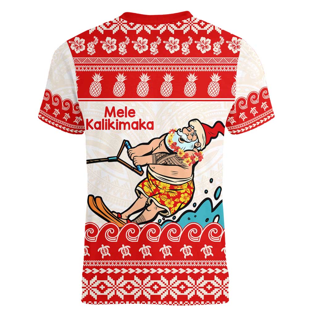 Mele Kalikimaka Hawaii Women V-Neck T-Shirt Water-skiing Santa Tropical Vibes
