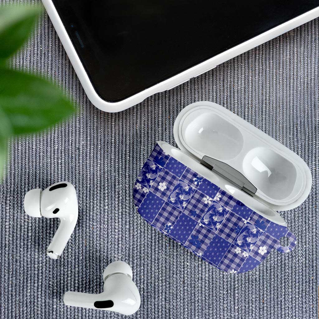 Blue Palaka Japanese Patterns AirPods Case Koi Fish Asanoha Sakura Patchwork Stylized - Polynesian Pride