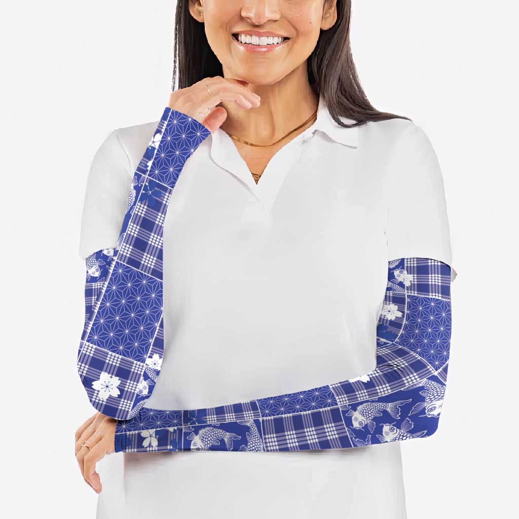 Blue Palaka Japanese Patterns Arm Sleeves Koi Fish Asanoha Sakura Patchwork Stylized - Polynesian Pride