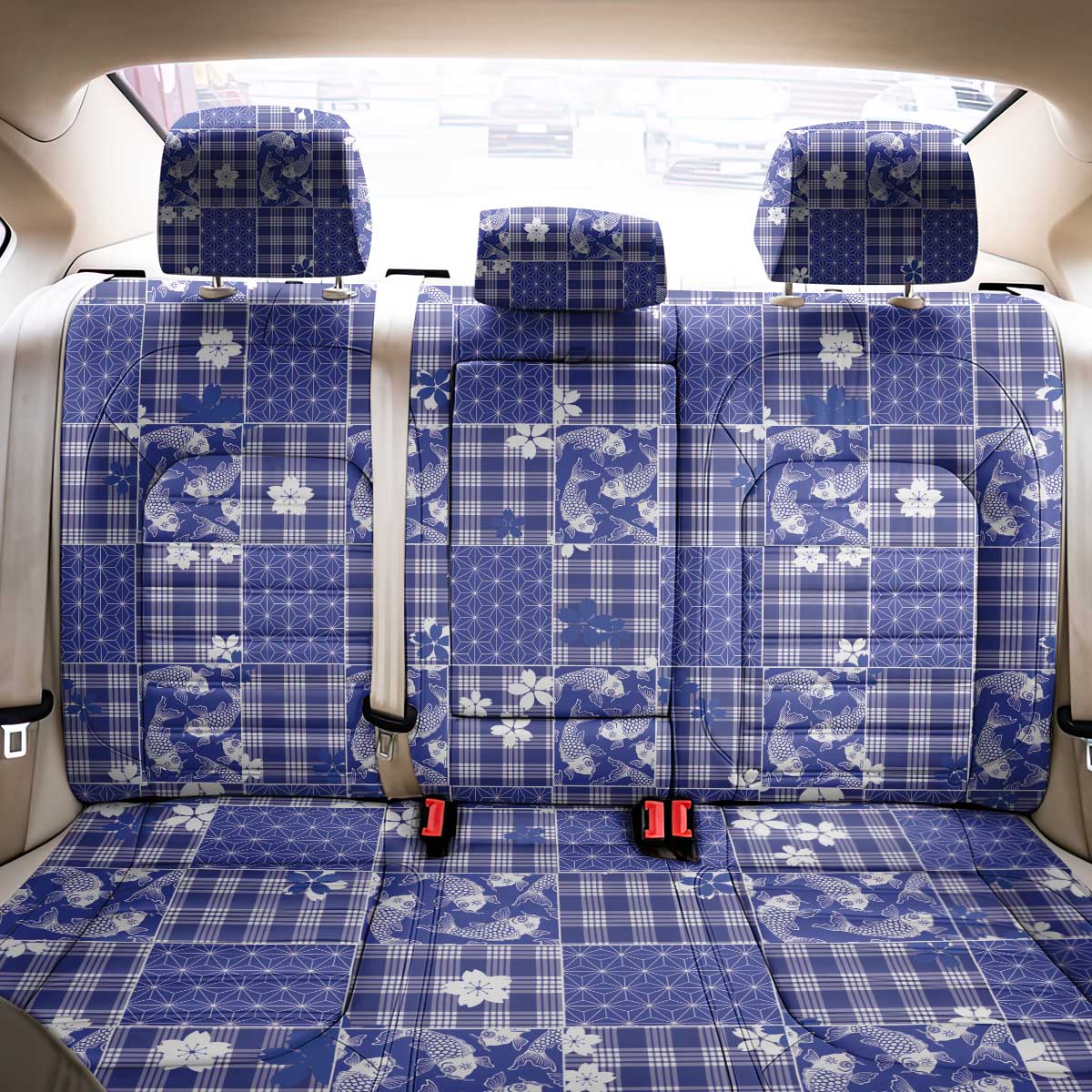 Blue Palaka Japanese Patterns Back Car Seat Cover Koi Fish Asanoha Sakura Patchwork Stylized - Polynesian Pride