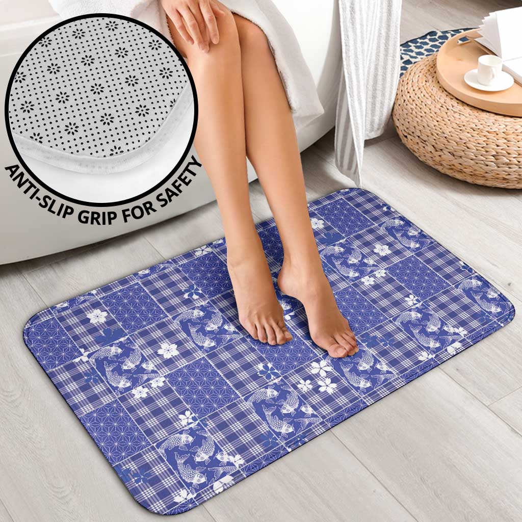 Blue Palaka Japanese Patterns Bathroom Set Koi Fish Asanoha Sakura Patchwork Stylized - Polynesian Pride