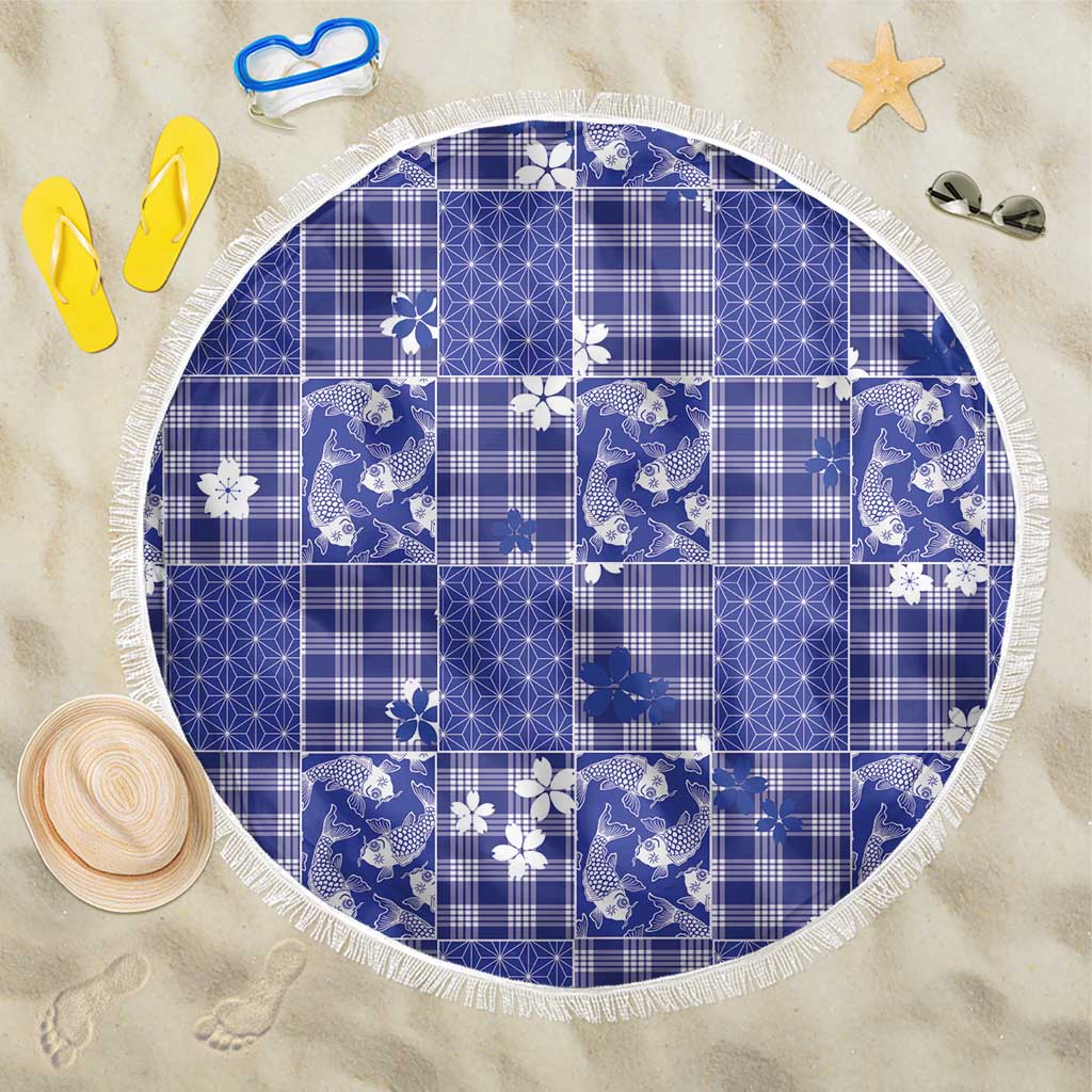 Blue Palaka Japanese Patterns Beach Blanket Koi Fish Asanoha Sakura Patchwork Stylized LT14 One Size 150cm Blue - Polynesian Pride