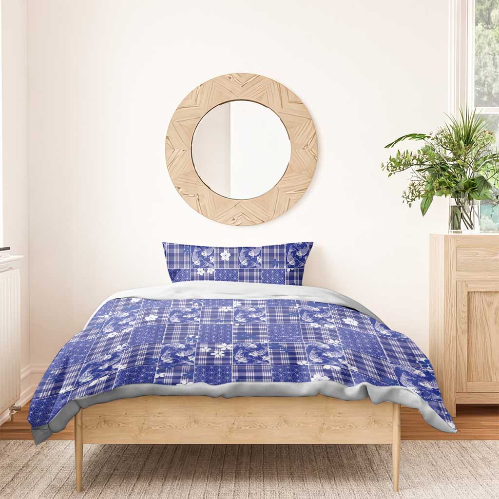 Blue Palaka Japanese Patterns Bedding Set Koi Fish Asanoha Sakura Patchwork Stylized - Polynesian Pride