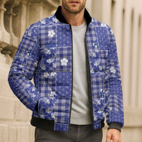 Blue Palaka Japanese Patterns Bomber Puffer Jacket Koi Fish Asanoha Sakura Patchwork Stylized - Polynesian Pride