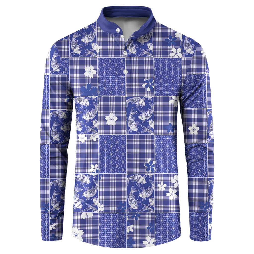 Blue Palaka Japanese Patterns Button Sweatshirt Koi Fish Asanoha Sakura Patchwork Stylized LT14 Blue - Polynesian Pride
