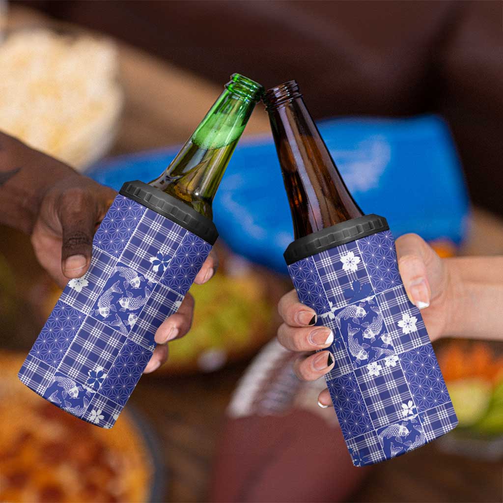 Blue Palaka Japanese Patterns 4 in 1 Can Cooler Tumbler Koi Fish Asanoha Sakura Patchwork Stylized - Polynesian Pride
