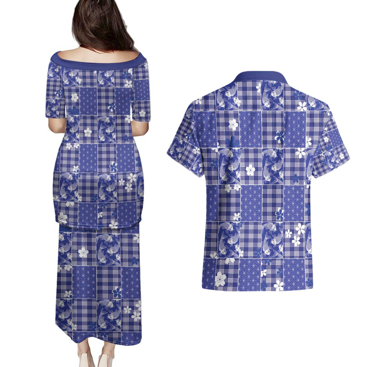 Blue Palaka Japanese Patterns Couples Matching Puletasi and Hawaiian Shirt Koi Fish Asanoha Sakura Patchwork Stylized - Polynesian Pride