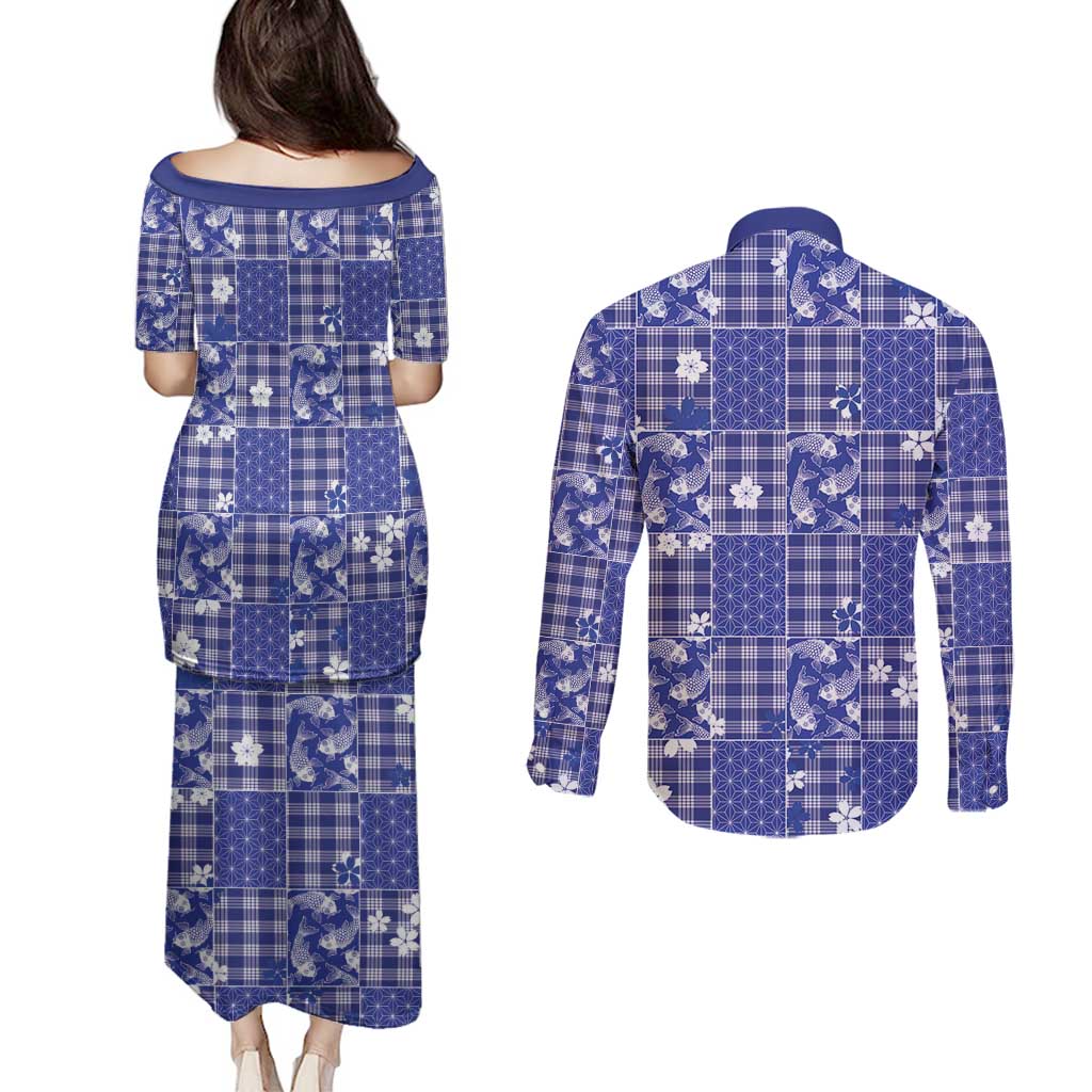 Blue Palaka Japanese Patterns Couples Matching Puletasi and Long Sleeve Button Shirt Koi Fish Asanoha Sakura Patchwork Stylized - Polynesian Pride