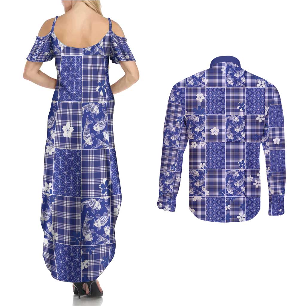 Blue Palaka Japanese Patterns Couples Matching Summer Maxi Dress and Long Sleeve Button Shirt Koi Fish Asanoha Sakura Patchwork Stylized - Polynesian Pride