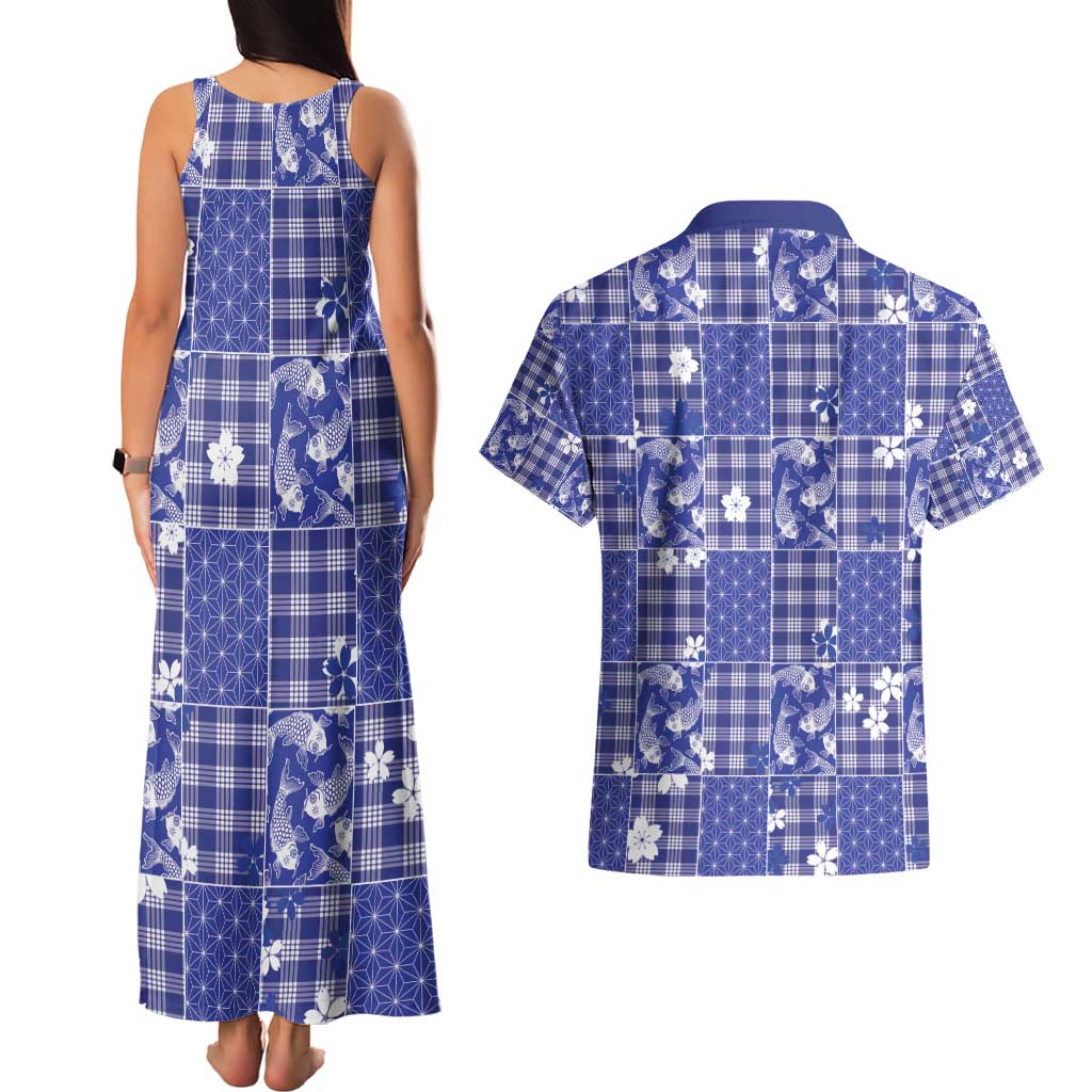 Blue Palaka Japanese Patterns Couples Matching Tank Maxi Dress and Hawaiian Shirt Koi Fish Asanoha Sakura Patchwork Stylized - Polynesian Pride
