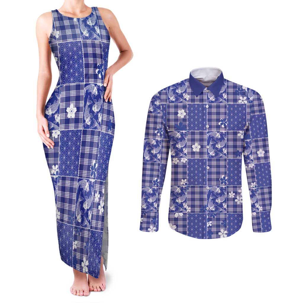 Blue Palaka Japanese Patterns Couples Matching Tank Maxi Dress and Long Sleeve Button Shirt Koi Fish Asanoha Sakura Patchwork Stylized LT14 Blue - Polynesian Pride