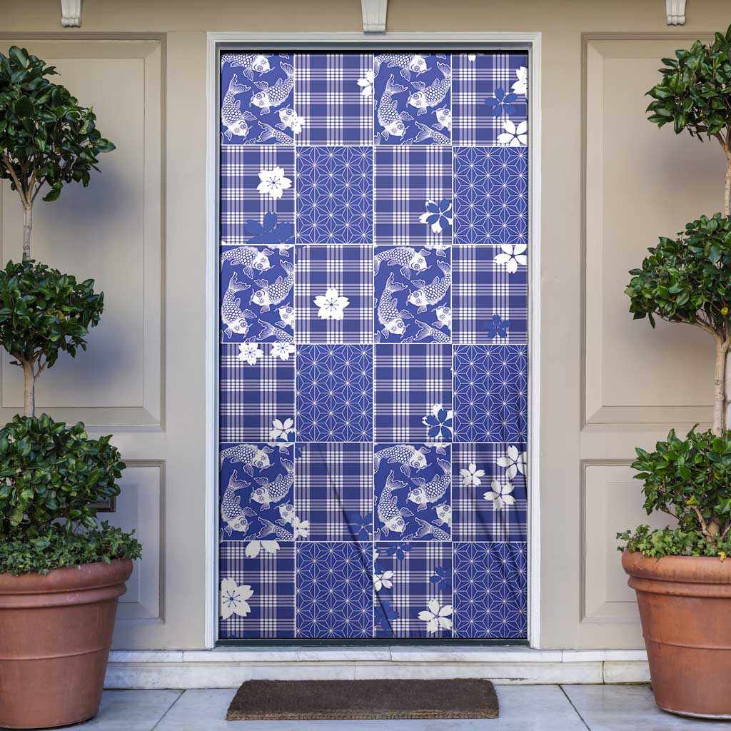 Blue Palaka Japanese Patterns Door Cover Koi Fish Asanoha Sakura Patchwork Stylized LT14 Blue - Polynesian Pride