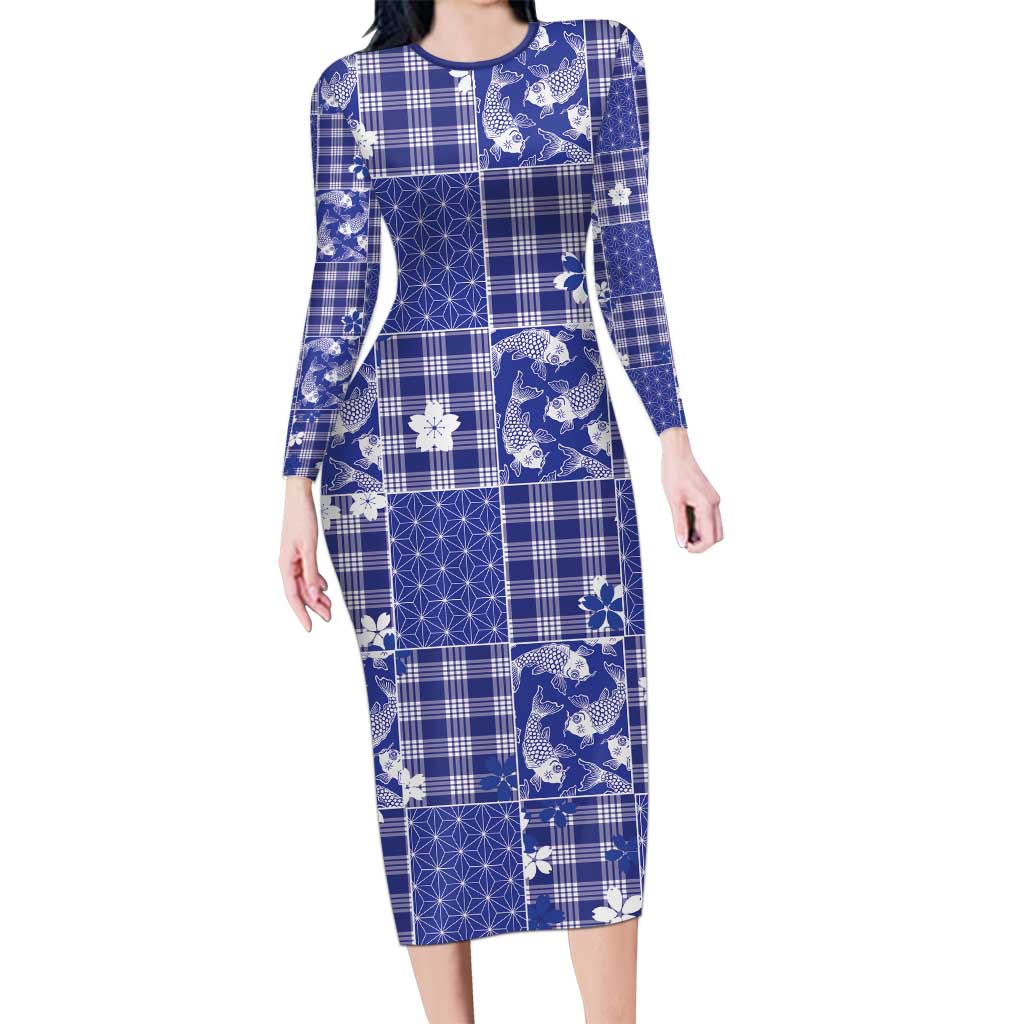 Blue Palaka Japanese Patterns Family Matching Long Sleeve Bodycon Dress and Hawaiian Shirt Koi Fish Asanoha Sakura Patchwork Stylized - Polynesian Pride