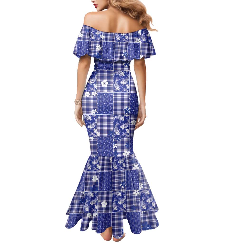 Blue Palaka Japanese Patterns Family Matching Mermaid Dress and Hawaiian Shirt Koi Fish Asanoha Sakura Patchwork Stylized - Polynesian Pride