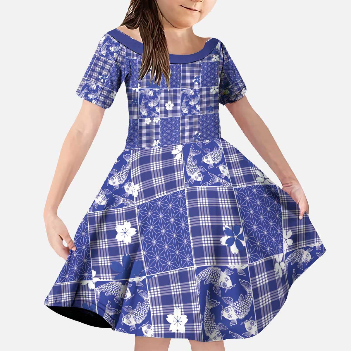 Blue Palaka Japanese Patterns Family Matching Off The Shoulder Long Sleeve Dress and Hawaiian Shirt Koi Fish Asanoha Sakura Patchwork Stylized - Polynesian Pride