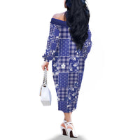 Blue Palaka Japanese Patterns Family Matching Off The Shoulder Long Sleeve Dress and Hawaiian Shirt Koi Fish Asanoha Sakura Patchwork Stylized - Polynesian Pride