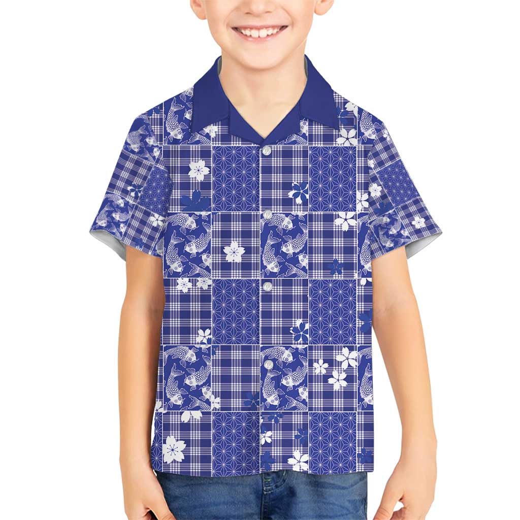 Blue Palaka Japanese Patterns Family Matching Off Shoulder Maxi Dress and Hawaiian Shirt Koi Fish Asanoha Sakura Patchwork Stylized - Polynesian Pride