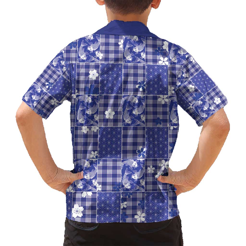 Blue Palaka Japanese Patterns Family Matching Off Shoulder Short Dress and Hawaiian Shirt Koi Fish Asanoha Sakura Patchwork Stylized - Polynesian Pride