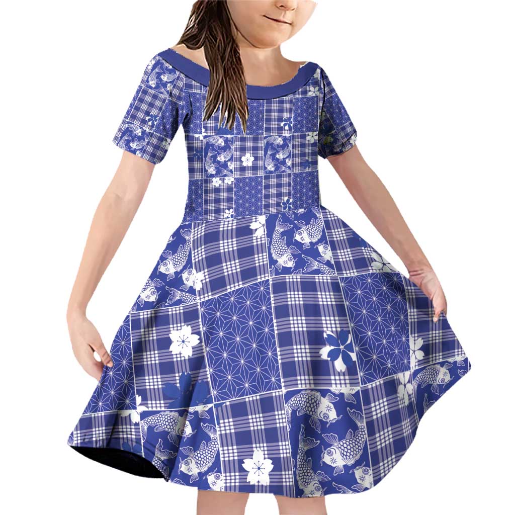 Blue Palaka Japanese Patterns Family Matching Off Shoulder Short Dress and Hawaiian Shirt Koi Fish Asanoha Sakura Patchwork Stylized - Polynesian Pride