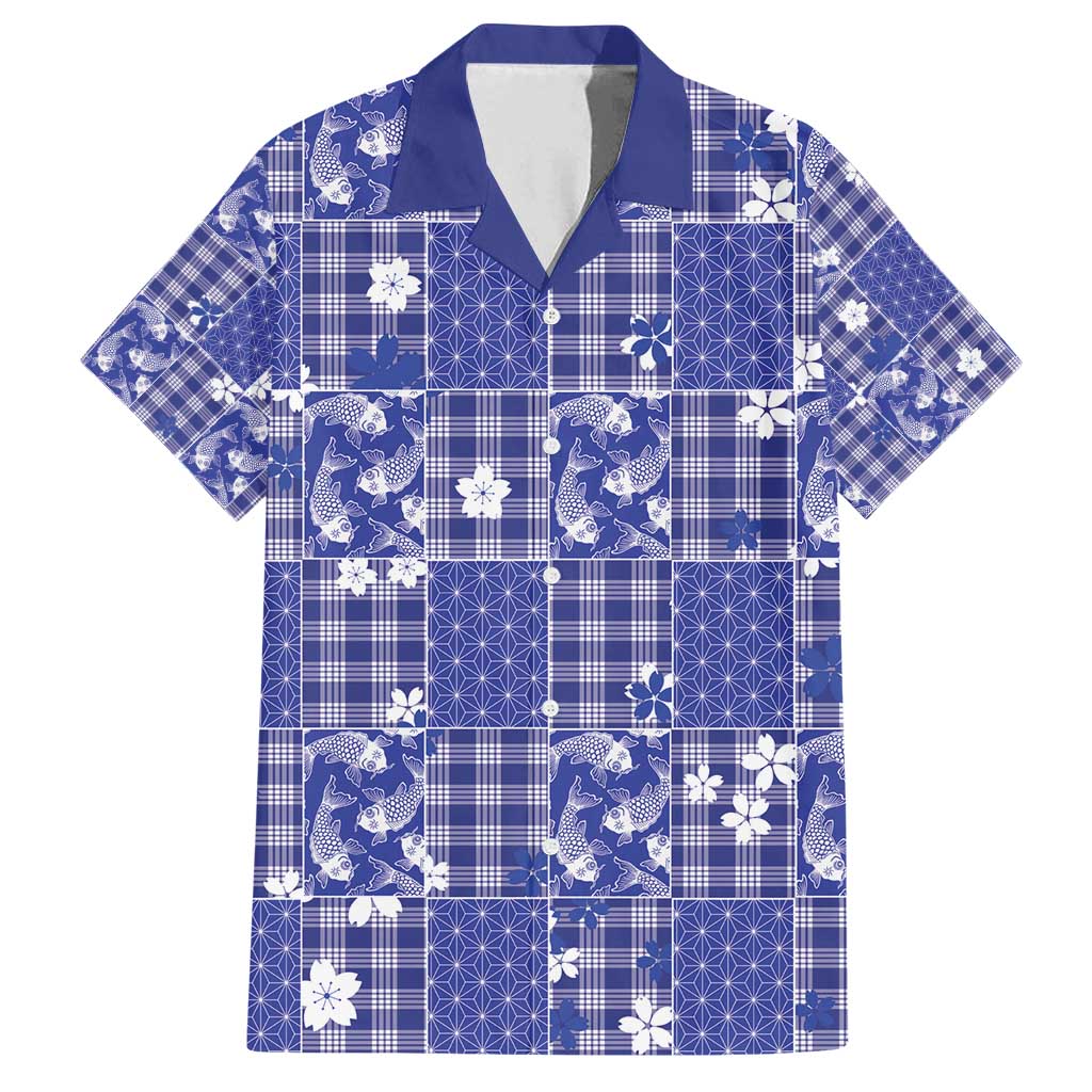 Blue Palaka Japanese Patterns Family Matching Tank Maxi Dress and Hawaiian Shirt Koi Fish Asanoha Sakura Patchwork Stylized - Polynesian Pride