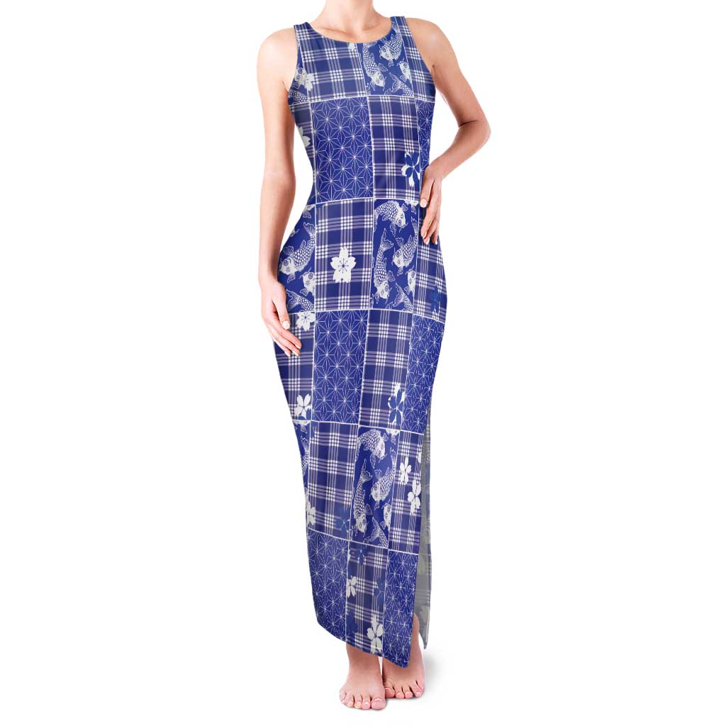 Blue Palaka Japanese Patterns Family Matching Tank Maxi Dress and Hawaiian Shirt Koi Fish Asanoha Sakura Patchwork Stylized - Polynesian Pride