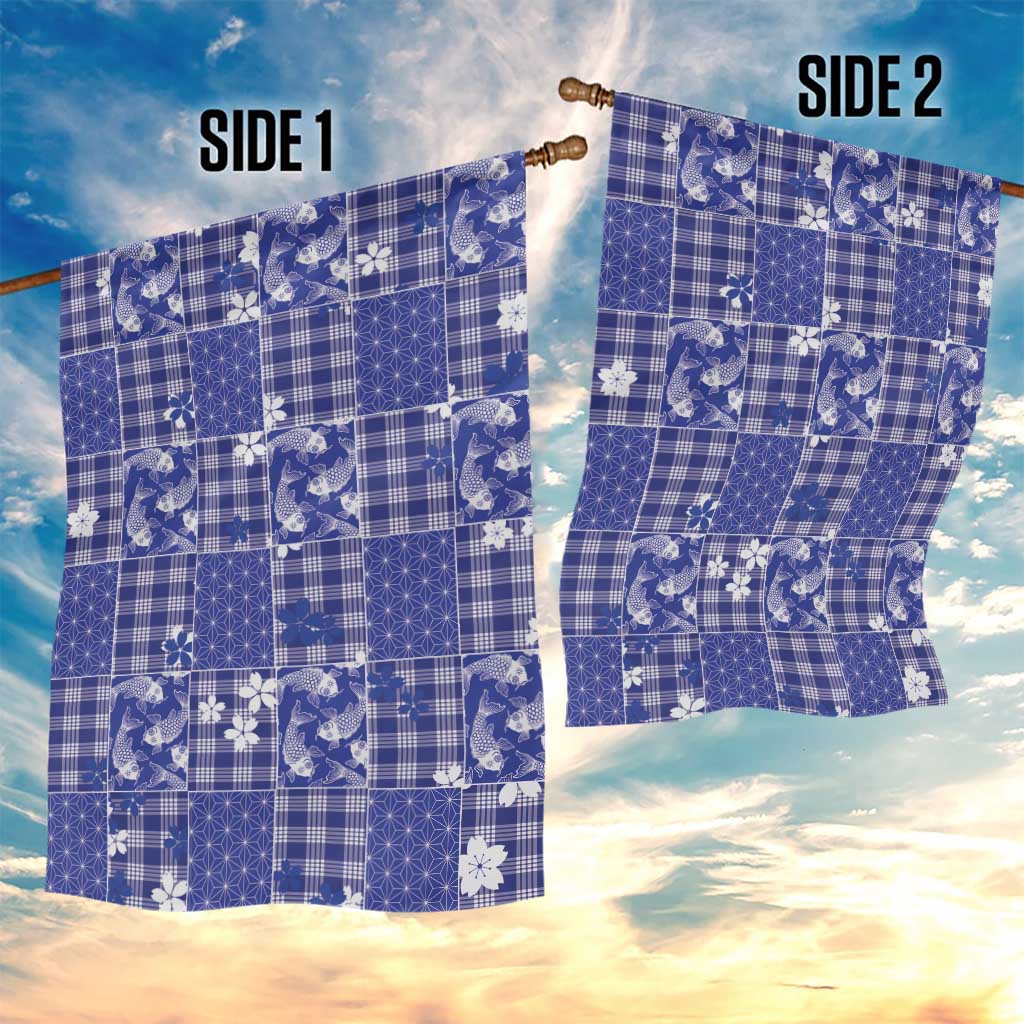 Blue Palaka Japanese Patterns Garden Flag Koi Fish Asanoha Sakura Patchwork Stylized - Polynesian Pride