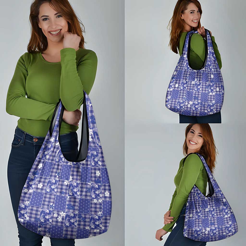 Blue Palaka Japanese Patterns Grocery Bag Koi Fish Asanoha Sakura Patchwork Stylized - Polynesian Pride