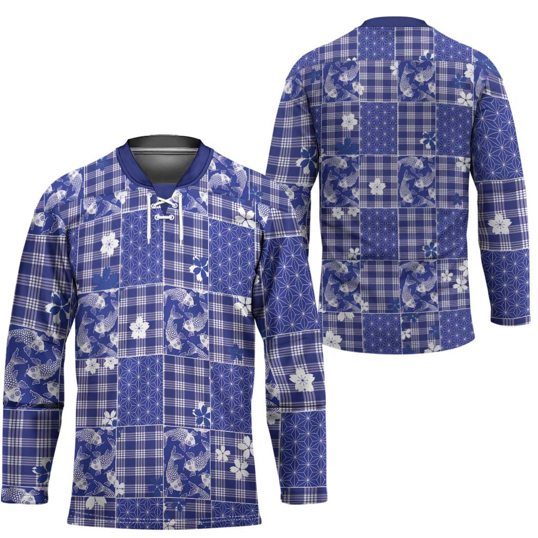 Blue Palaka Japanese Patterns Hockey Jersey Koi Fish Asanoha Sakura Patchwork Stylized - Polynesian Pride