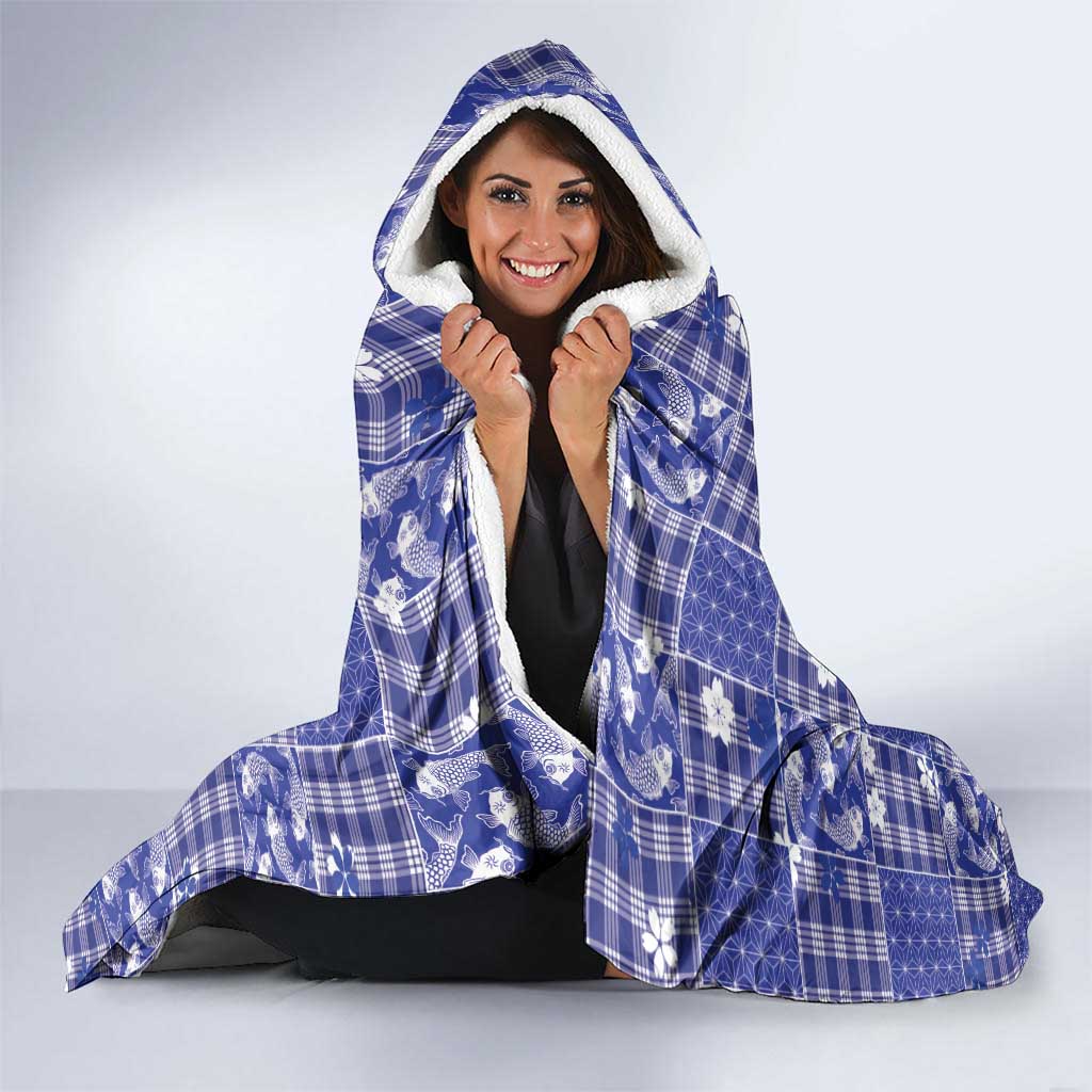 Blue Palaka Japanese Patterns Hooded Blanket Koi Fish Asanoha Sakura Patchwork Stylized - Polynesian Pride