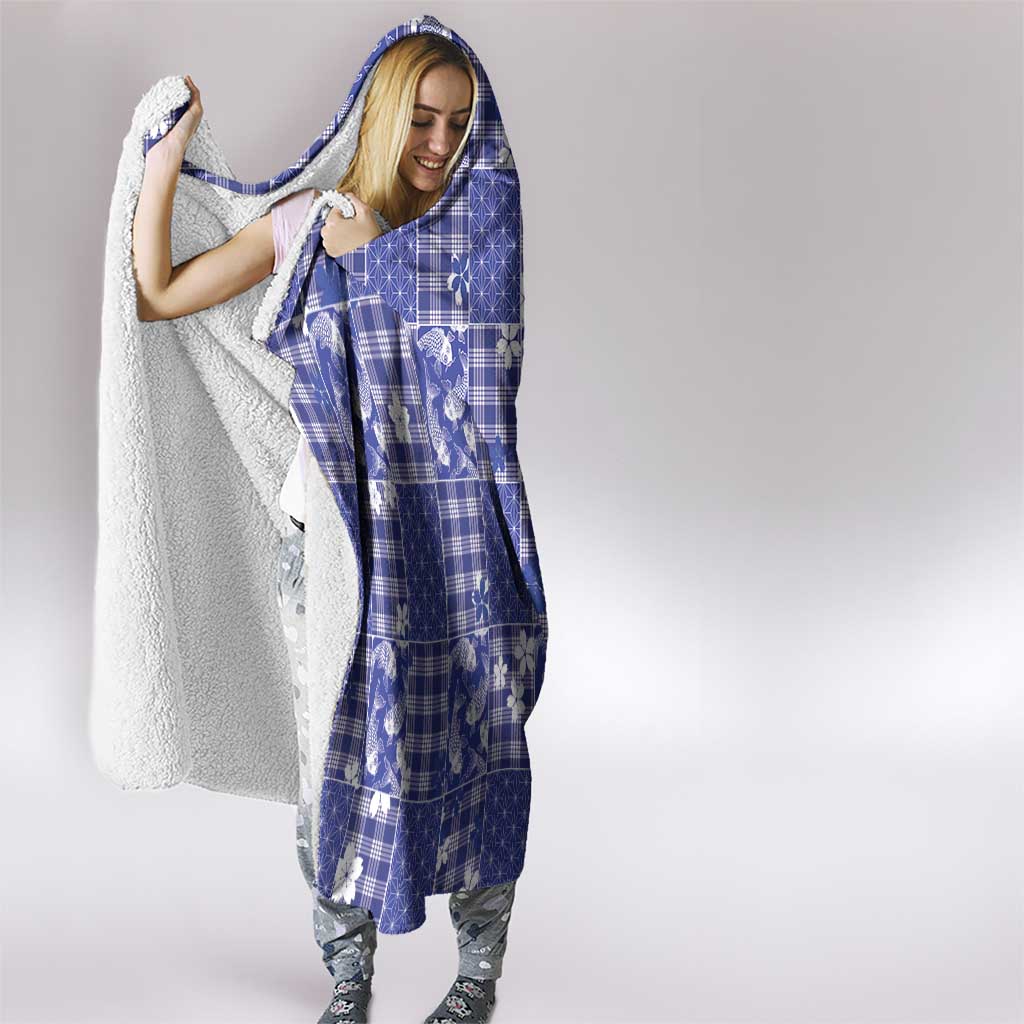Blue Palaka Japanese Patterns Hooded Blanket Koi Fish Asanoha Sakura Patchwork Stylized - Polynesian Pride