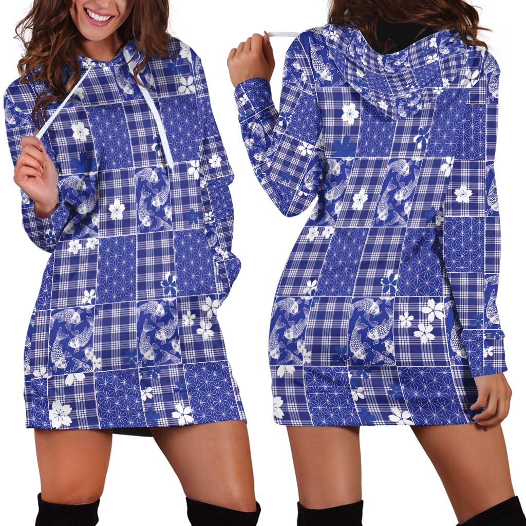 Blue Palaka Japanese Patterns Hoodie Dress Koi Fish Asanoha Sakura Patchwork Stylized - Polynesian Pride