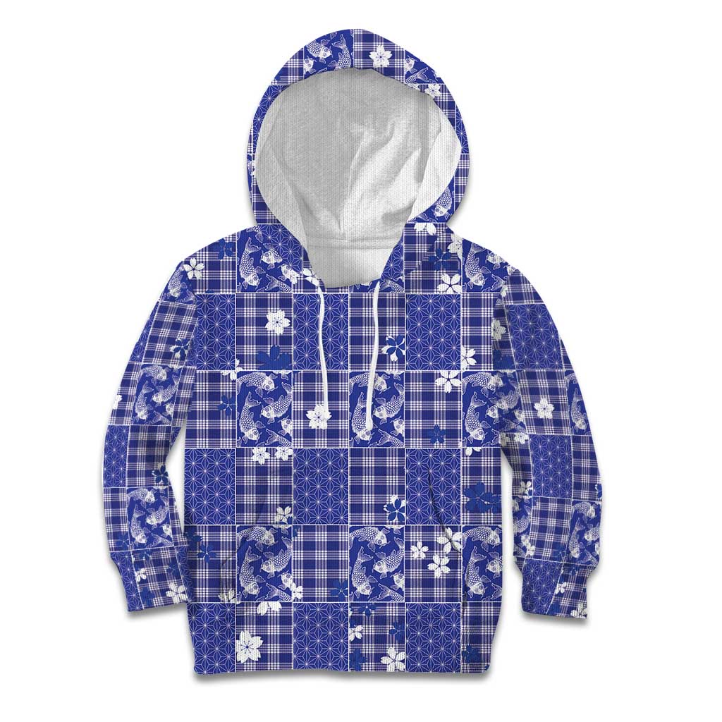 Blue Palaka Japanese Patterns Kid Hoodie Koi Fish Asanoha Sakura Patchwork Stylized LT14 Hoodie Blue - Polynesian Pride