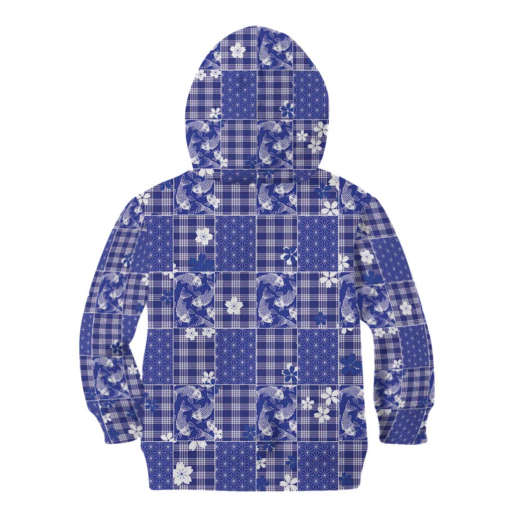Blue Palaka Japanese Patterns Kid Hoodie Koi Fish Asanoha Sakura Patchwork Stylized LT14 - Polynesian Pride