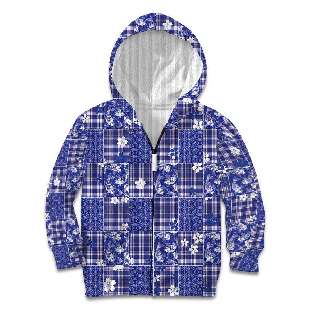 Blue Palaka Japanese Patterns Kid Hoodie Koi Fish Asanoha Sakura Patchwork Stylized LT14 Zip Hoodie Blue - Polynesian Pride