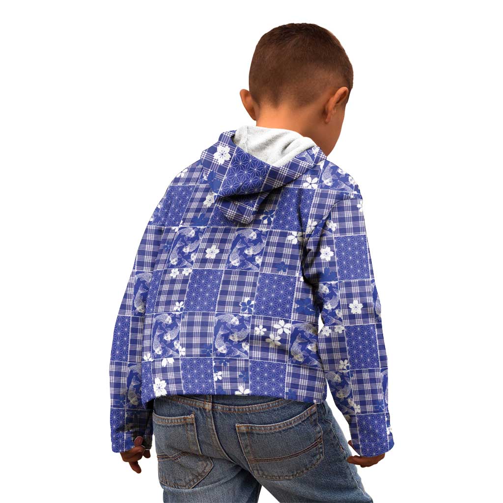 Blue Palaka Japanese Patterns Kid Hoodie Koi Fish Asanoha Sakura Patchwork Stylized LT14 - Polynesian Pride